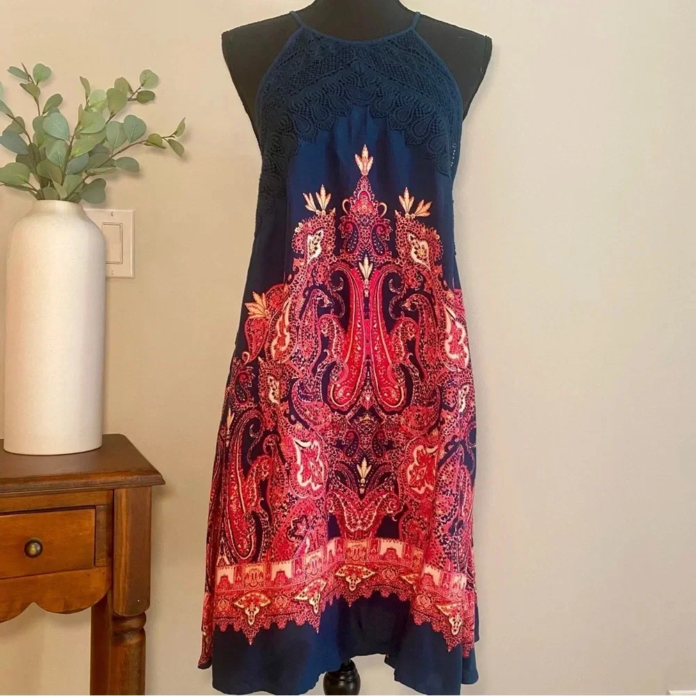 Free People Intimately 'Shea' boho printed trapeze‎ dress with crochet detail